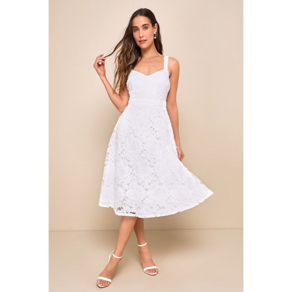 Lulus Divine Beauty White Lace Midi Dress With Pockets - Size L